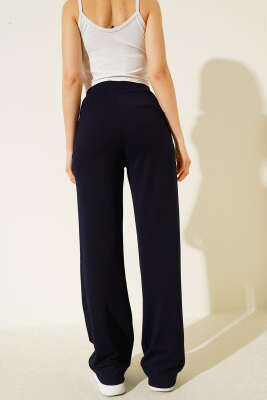 Beli Cırtlı Geniş Paça Pantolon Lacivert - Kadın Giyim Modelleri