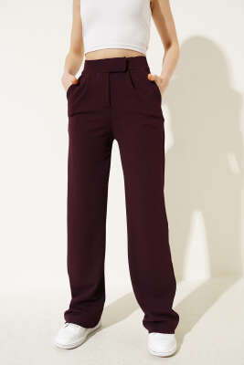 Beli Cırtlı Geniş Paça Pantolon Mürdüm - CALİENTE