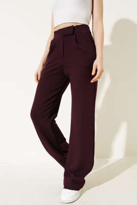 Beli Cırtlı Geniş Paça Pantolon Mürdüm - Kadın Giyim Modelleri