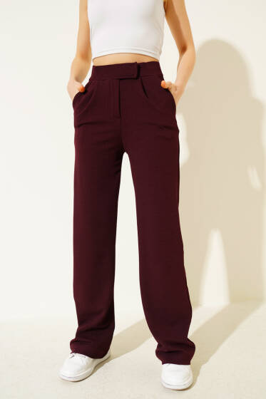 Beli Cırtlı Geniş Paça Pantolon Mürdüm - Kadın Giyim Modelleri