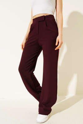 Beli Cırtlı Geniş Paça Pantolon Mürdüm - Kadın Giyim Modelleri