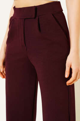 Beli Cırtlı Geniş Paça Pantolon Mürdüm - Kadın Giyim Modelleri