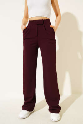 Beli Cırtlı Geniş Paça Pantolon Mürdüm 