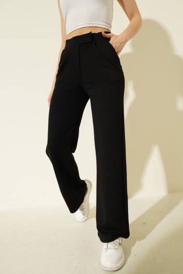 Beli Cırtlı Geniş Paça Pantolon Siyah - Kadın Giyim Modelleri