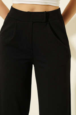 Beli Cırtlı Geniş Paça Pantolon Siyah - Kadın Giyim Modelleri