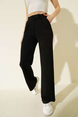 Beli Cırtlı Geniş Paça Pantolon Siyah 