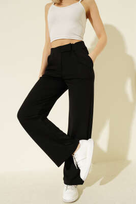 Beli Cırtlı Geniş Paça Pantolon Siyah - Yılın Fırsatı