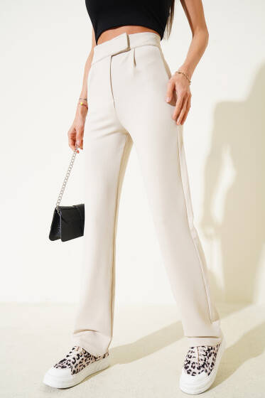 Beli Çırtlı Tek Pile Pantolon Bej - Kadın Giyim Modelleri