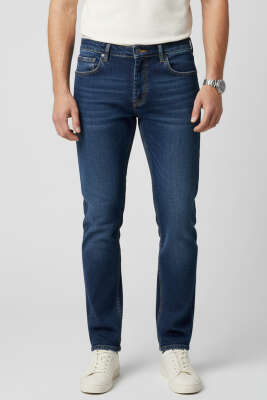 Beli Düğmeli Erkek Kot Pantolon Koyu Mavi - DEEP BROWN