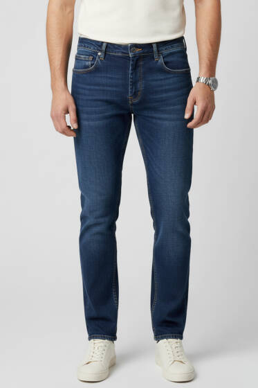 Beli Düğmeli Erkek Kot Pantolon Koyu Mavi - Erkek Jean