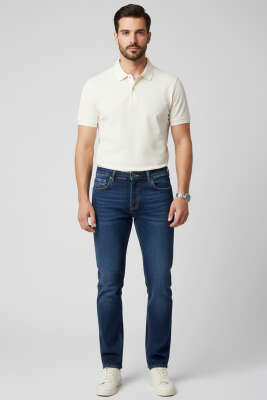 Beli Düğmeli Erkek Kot Pantolon Koyu Mavi - Erkek Jean