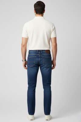 Beli Düğmeli Erkek Kot Pantolon Koyu Mavi - Erkek Jean