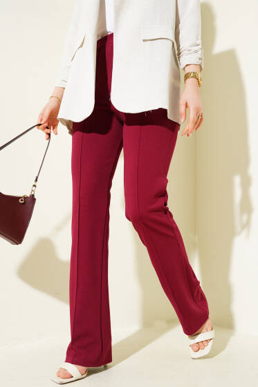 Beli Düğmeli Fermuarlı Çımalı Pantolon Bordo - Yılın Fırsatı