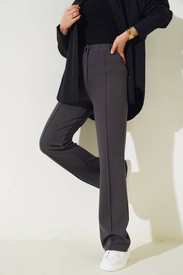 	 Beli Düğmeli Fermuarlı Çımalı Pantolon Füme - Yılın Fırsatı