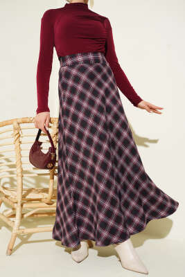 Beli Fermuarlı Ekoseli Çan Etek Bordo - ELİVA