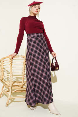 Beli Fermuarlı Ekoseli Çan Etek Bordo - Etek