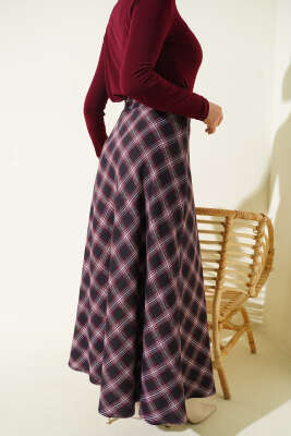 Beli Fermuarlı Ekoseli Çan Etek Bordo - Etek