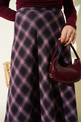 Beli Fermuarlı Ekoseli Çan Etek Bordo - Etek