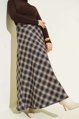 Beli Fermuarlı Ekoseli Çan Etek Camel - ELİVA