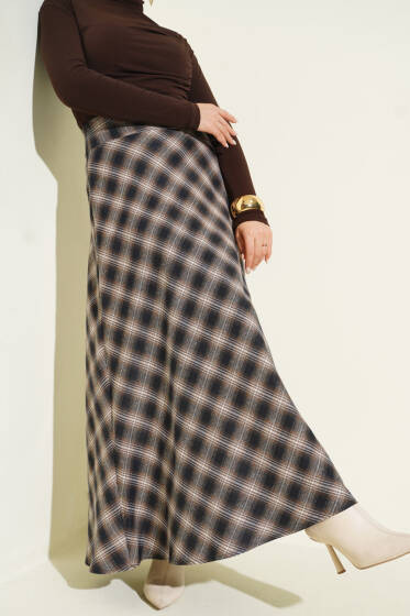 Beli Fermuarlı Ekoseli Çan Etek Camel - Etek