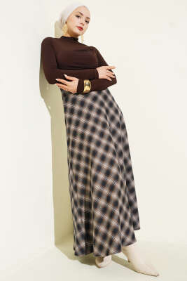 Beli Fermuarlı Ekoseli Çan Etek Camel - Etek