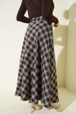 Beli Fermuarlı Ekoseli Çan Etek Camel - Etek