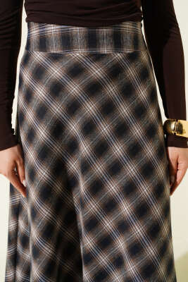 Beli Fermuarlı Ekoseli Çan Etek Camel - Etek