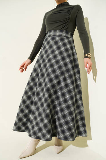 Beli Fermuarlı Ekoseli Çan Etek Haki - Etek