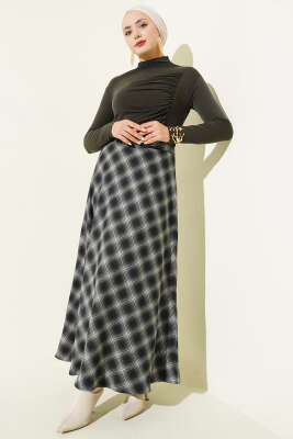 Beli Fermuarlı Ekoseli Çan Etek Haki - Etek