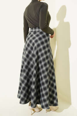 Beli Fermuarlı Ekoseli Çan Etek Haki - Etek