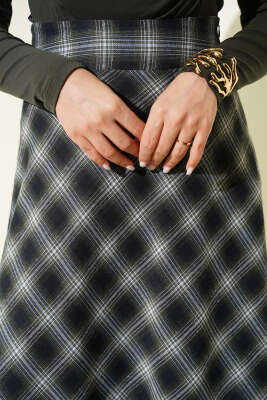 Beli Fermuarlı Ekoseli Çan Etek Haki - Etek