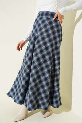 Beli Fermuarlı Ekoseli Çan Etek Lacivert - ELİVA