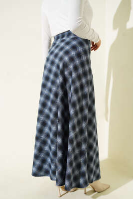 Beli Fermuarlı Ekoseli Çan Etek Lacivert - Etek