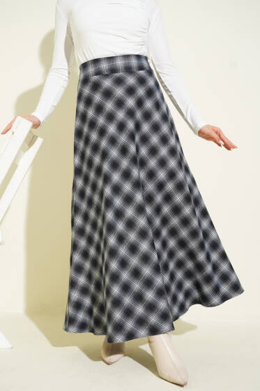 Beli Fermuarlı Ekoseli Çan Etek Siyah - Etek