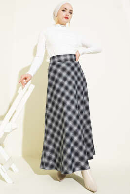Beli Fermuarlı Ekoseli Çan Etek Siyah - Etek