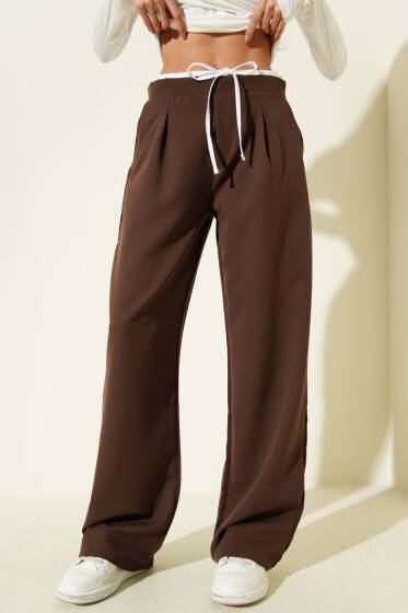 Beli Fermuarlı Garnili Pantolon Kahve - Kadın Giyim Modelleri