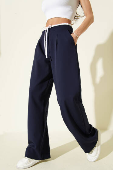 Beli Fermuarlı Garnili Pantolon Lacivert - Kadın Giyim Modelleri