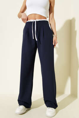 Beli Fermuarlı Garnili Pantolon Lacivert - Kadın Giyim Modelleri