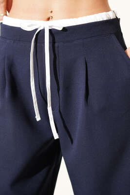 Beli Fermuarlı Garnili Pantolon Lacivert - Kadın Giyim Modelleri