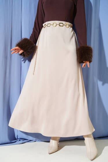 Beli Fermuarlı Saten Etek Bej - Etek