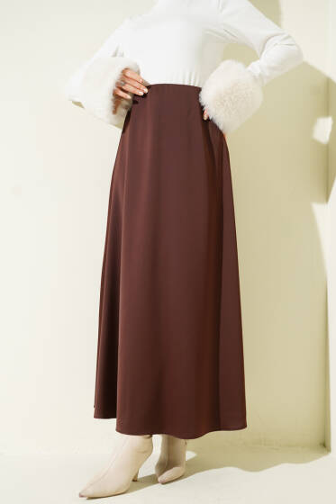 Beli Fermuarlı Saten Etek Kahve - Etek