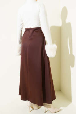 Beli Fermuarlı Saten Etek Kahve - Etek