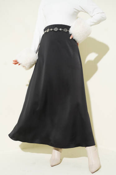 Beli Fermuarlı Saten Etek Siyah - Etek