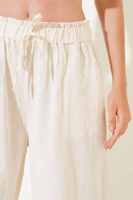 Beli Fırfırlı Keten Pantolon Bej - Kadın Giyim Modelleri