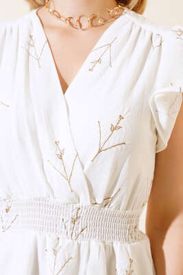 Beli Gipeli Çiçekli Elbise Ekru Kahve - Kadın Giyim Modelleri