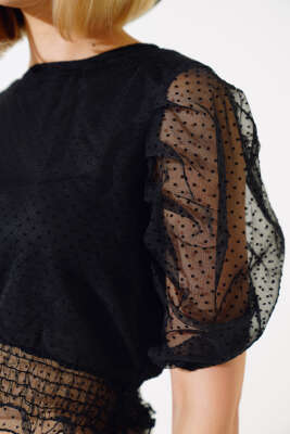 Beli Gipeli Tül Bluz Siyah - Kadın Giyim Modelleri