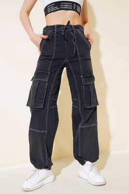 Beli İp Bağcıklı Kargo Cep Pantolon Füme - Kadın Giyim Modelleri