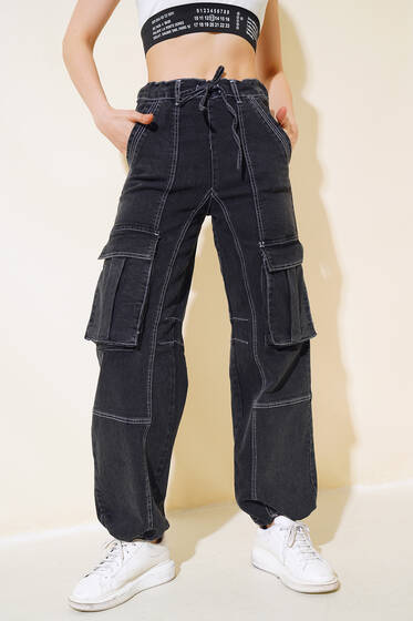 Beli İp Bağcıklı Kargo Cep Pantolon Füme - Kadın Giyim Modelleri