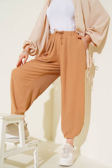 Beli İp Bağcıklı Şalvar Pantolon Camel - Pantolon
