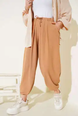 Beli İp Bağcıklı Şalvar Pantolon Camel - Pantolon